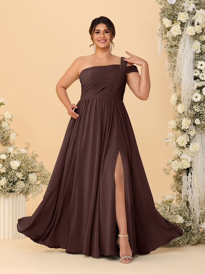 Robes de Demoiselle d'Honneur Grande Taille Ligne A/Princesse à Une Épaule sans Manches Longueur Au Sol Plissées avec Fente Latérale