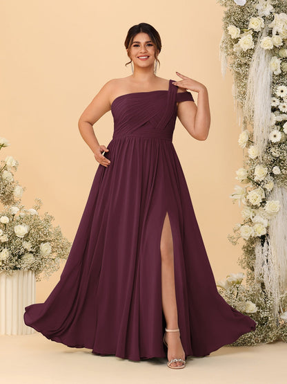 Robes de Demoiselle d'Honneur Grande Taille Ligne A/Princesse à Une Épaule sans Manches Longueur Au Sol Plissées avec Fente Latérale