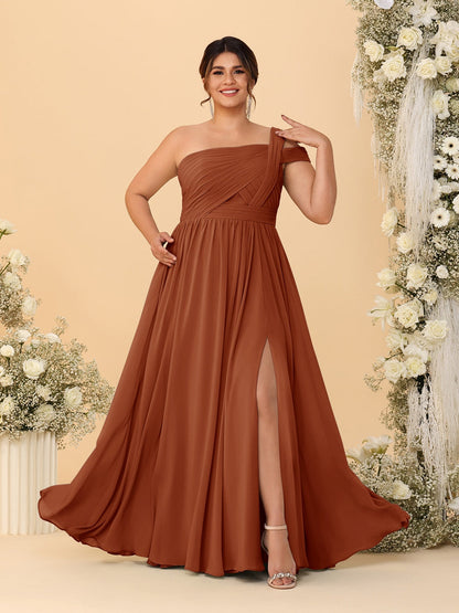 Robes de Demoiselle d'Honneur Grande Taille Ligne A/Princesse à Une Épaule sans Manches Longueur Au Sol Plissées avec Fente Latérale