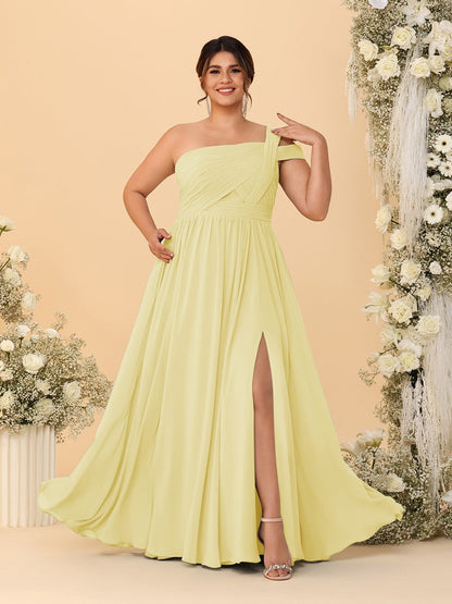 Robes de Demoiselle d'Honneur Grande Taille Ligne A/Princesse à Une Épaule sans Manches Longueur Au Sol Plissées avec Fente Latérale