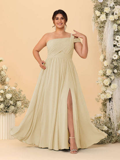 Robes de Demoiselle d'Honneur Grande Taille Ligne A/Princesse à Une Épaule sans Manches Longueur Au Sol Plissées avec Fente Latérale