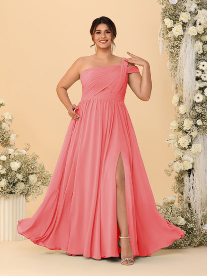 Robes de Demoiselle d'Honneur Grande Taille Ligne A/Princesse à Une Épaule sans Manches Longueur Au Sol Plissées avec Fente Latérale