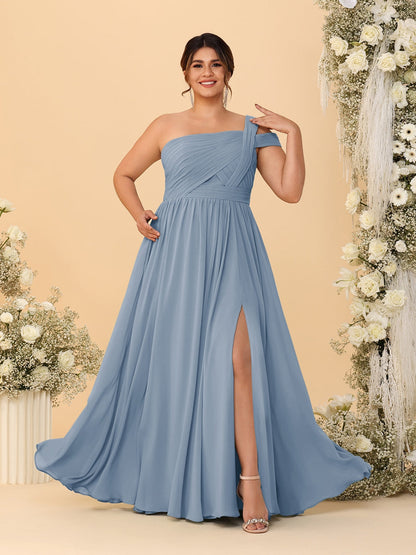 Robes de Demoiselle d'Honneur Grande Taille Ligne A/Princesse à Une Épaule sans Manches Longueur Au Sol Plissées avec Fente Latérale