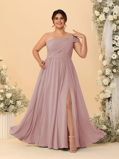Robes de Demoiselle d'Honneur Grande Taille Ligne A/Princesse à Une Épaule sans Manches Longueur Au Sol Plissées avec Fente Latérale