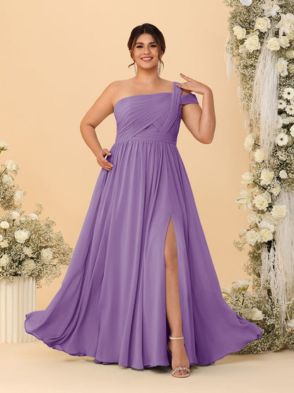 Robes de Demoiselle d'Honneur Grande Taille Ligne A/Princesse à Une Épaule sans Manches Longueur Au Sol Plissées avec Fente Latérale