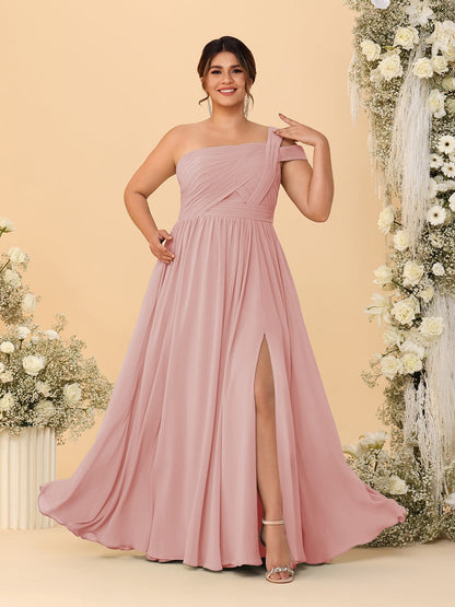 Robes de Demoiselle d'Honneur Grande Taille Ligne A/Princesse à Une Épaule sans Manches Longueur Au Sol Plissées avec Fente Latérale