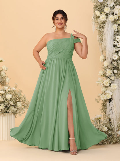 Robes de Demoiselle d'Honneur Grande Taille Ligne A/Princesse à Une Épaule sans Manches Longueur Au Sol Plissées avec Fente Latérale