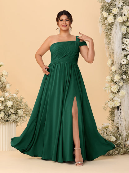 Robes de Demoiselle d'Honneur Grande Taille Ligne A/Princesse à Une Épaule sans Manches Longueur Au Sol Plissées avec Fente Latérale