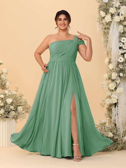 Robes de Demoiselle d'Honneur Grande Taille Ligne A/Princesse à Une Épaule sans Manches Longueur Au Sol Plissées avec Fente Latérale