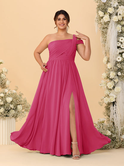 Robes de Demoiselle d'Honneur Grande Taille Ligne A/Princesse à Une Épaule sans Manches Longueur Au Sol Plissées avec Fente Latérale
