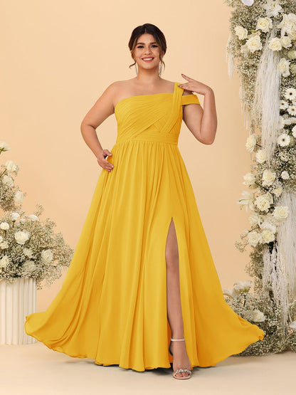 Robes de Demoiselle d'Honneur Grande Taille Ligne A/Princesse à Une Épaule sans Manches Longueur Au Sol Plissées avec Fente Latérale