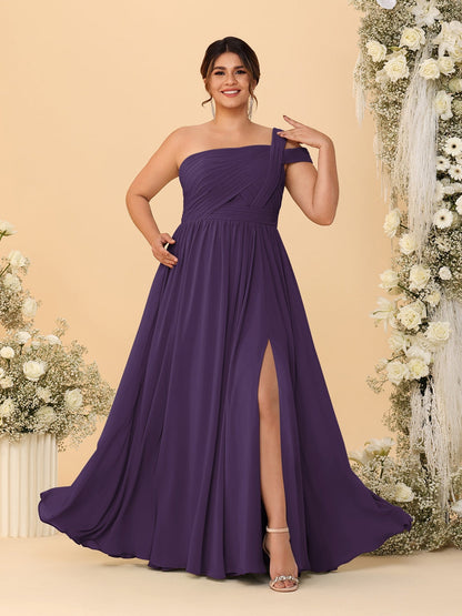 Robes de Demoiselle d'Honneur Grande Taille Ligne A/Princesse à Une Épaule sans Manches Longueur Au Sol Plissées avec Fente Latérale