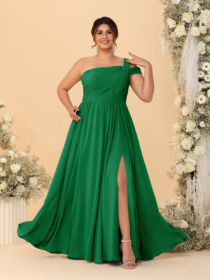 Robes de Demoiselle d'Honneur Grande Taille Ligne A/Princesse à Une Épaule sans Manches Longueur Au Sol Plissées avec Fente Latérale