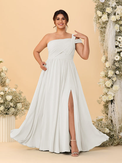 Robes de Demoiselle d'Honneur Grande Taille Ligne A/Princesse à Une Épaule sans Manches Longueur Au Sol Plissées avec Fente Latérale