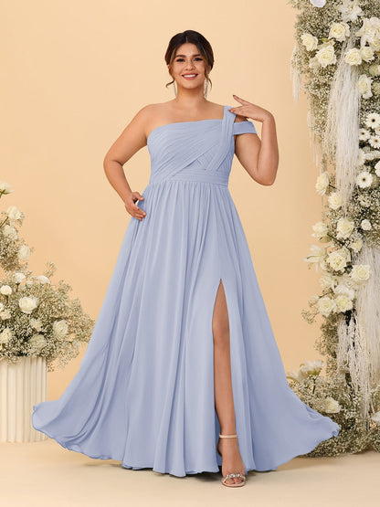Robes de Demoiselle d'Honneur Grande Taille Ligne A/Princesse à Une Épaule sans Manches Longueur Au Sol Plissées avec Fente Latérale