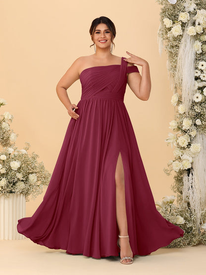 Robes de Demoiselle d'Honneur Grande Taille Ligne A/Princesse à Une Épaule sans Manches Longueur Au Sol Plissées avec Fente Latérale
