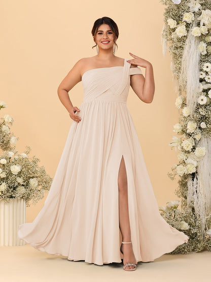 Robes de Demoiselle d'Honneur Grande Taille Ligne A/Princesse à Une Épaule sans Manches Longueur Au Sol Plissées avec Fente Latérale