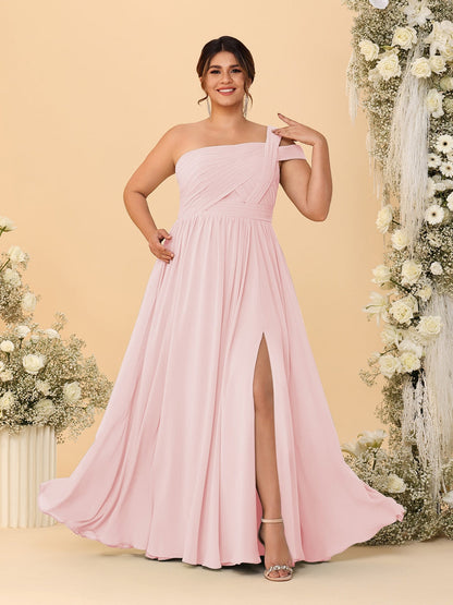 Robes de Demoiselle d'Honneur Grande Taille Ligne A/Princesse à Une Épaule sans Manches Longueur Au Sol Plissées avec Fente Latérale