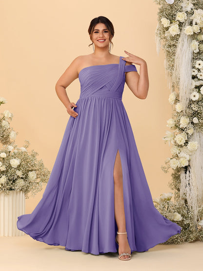 Robes de Demoiselle d'Honneur Grande Taille Ligne A/Princesse à Une Épaule sans Manches Longueur Au Sol Plissées avec Fente Latérale
