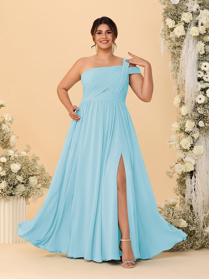 Robes de Demoiselle d'Honneur Grande Taille Ligne A/Princesse à Une Épaule sans Manches Longueur Au Sol Plissées avec Fente Latérale