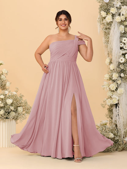Robes de Demoiselle d'Honneur Grande Taille Ligne A/Princesse à Une Épaule sans Manches Longueur Au Sol Plissées avec Fente Latérale