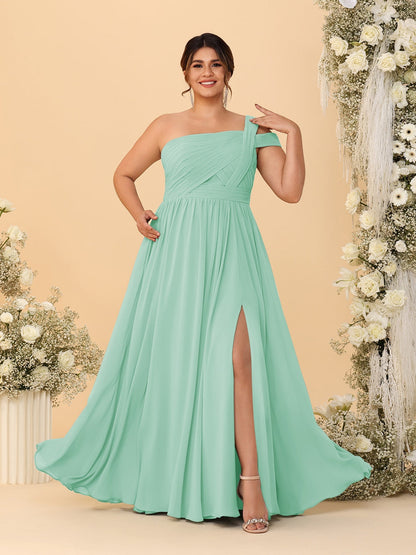 Robes de Demoiselle d'Honneur Grande Taille Ligne A/Princesse à Une Épaule sans Manches Longueur Au Sol Plissées avec Fente Latérale