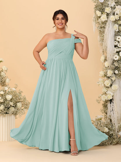 Robes de Demoiselle d'Honneur Grande Taille Ligne A/Princesse à Une Épaule sans Manches Longueur Au Sol Plissées avec Fente Latérale