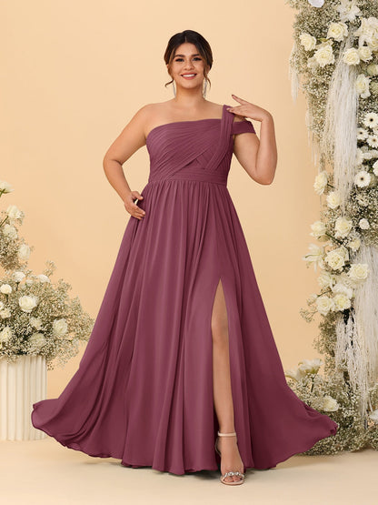 Robes de Demoiselle d'Honneur Grande Taille Ligne A/Princesse à Une Épaule sans Manches Longueur Au Sol Plissées avec Fente Latérale