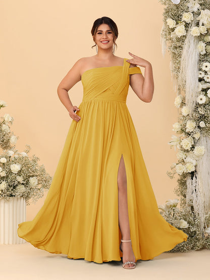 Robes de Demoiselle d'Honneur Grande Taille Ligne A/Princesse à Une Épaule sans Manches Longueur Au Sol Plissées avec Fente Latérale