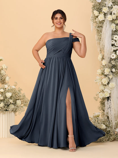 Robes de Demoiselle d'Honneur Grande Taille Ligne A/Princesse à Une Épaule sans Manches Longueur Au Sol Plissées avec Fente Latérale