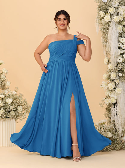 Robes de Demoiselle d'Honneur Grande Taille Ligne A/Princesse à Une Épaule sans Manches Longueur Au Sol Plissées avec Fente Latérale