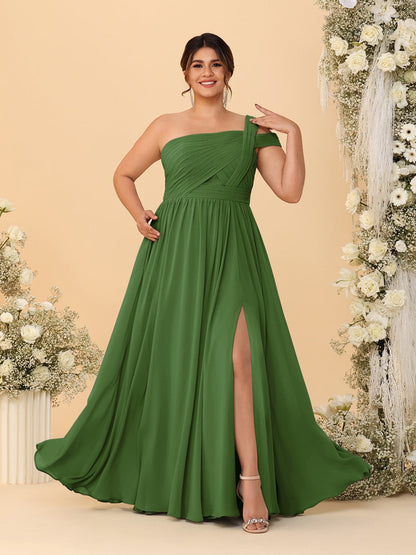 Robes de Demoiselle d'Honneur Grande Taille Ligne A/Princesse à Une Épaule sans Manches Longueur Au Sol Plissées avec Fente Latérale
