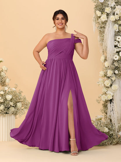 Robes de Demoiselle d'Honneur Grande Taille Ligne A/Princesse à Une Épaule sans Manches Longueur Au Sol Plissées avec Fente Latérale