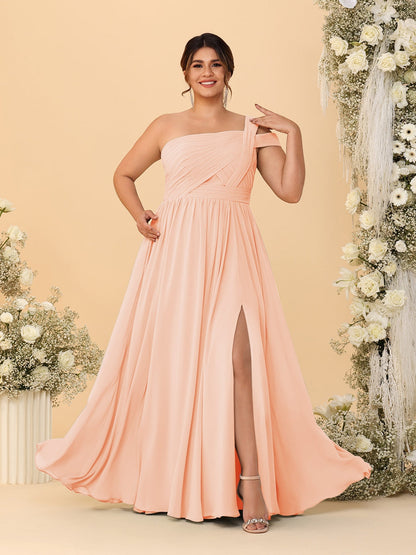 Robes de Demoiselle d'Honneur Grande Taille Ligne A/Princesse à Une Épaule sans Manches Longueur Au Sol Plissées avec Fente Latérale