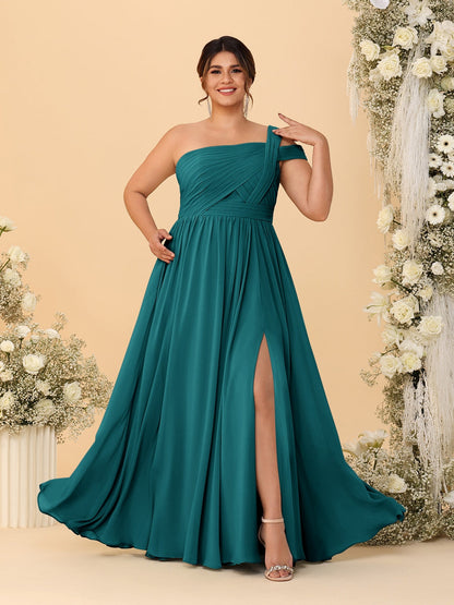 Robes de Demoiselle d'Honneur Grande Taille Ligne A/Princesse à Une Épaule sans Manches Longueur Au Sol Plissées avec Fente Latérale