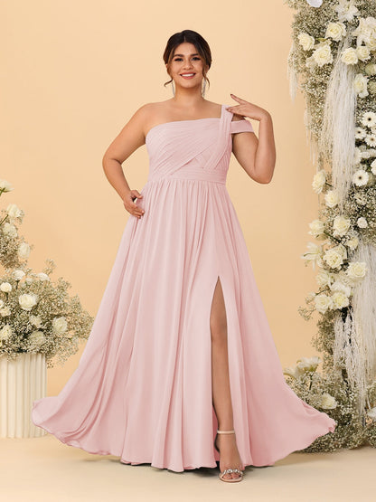 Robes de Demoiselle d'Honneur Grande Taille Ligne A/Princesse à Une Épaule sans Manches Longueur Au Sol Plissées avec Fente Latérale