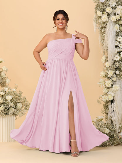 Robes de Demoiselle d'Honneur Grande Taille Ligne A/Princesse à Une Épaule sans Manches Longueur Au Sol Plissées avec Fente Latérale