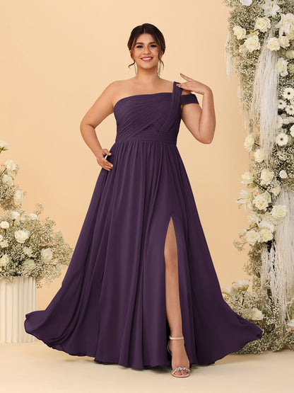 Robes de Demoiselle d'Honneur Grande Taille Ligne A/Princesse à Une Épaule sans Manches Longueur Au Sol Plissées avec Fente Latérale