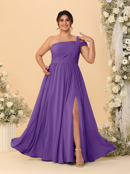 Robes de Demoiselle d'Honneur Grande Taille Ligne A/Princesse à Une Épaule sans Manches Longueur Au Sol Plissées avec Fente Latérale