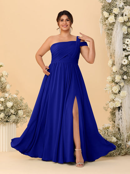 Robes de Demoiselle d'Honneur Grande Taille Ligne A/Princesse à Une Épaule sans Manches Longueur Au Sol Plissées avec Fente Latérale