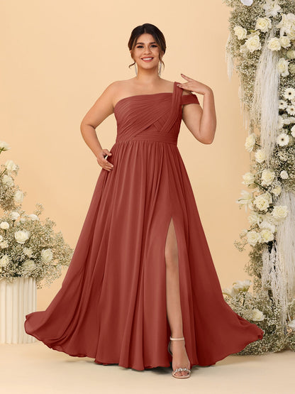 Robes de Demoiselle d'Honneur Grande Taille Ligne A/Princesse à Une Épaule sans Manches Longueur Au Sol Plissées avec Fente Latérale