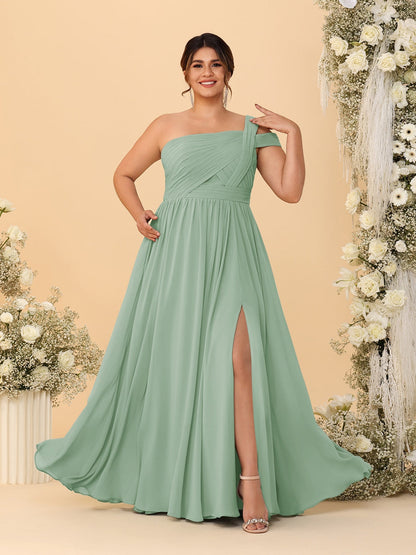 Robes de Demoiselle d'Honneur Grande Taille Ligne A/Princesse à Une Épaule sans Manches Longueur Au Sol Plissées avec Fente Latérale