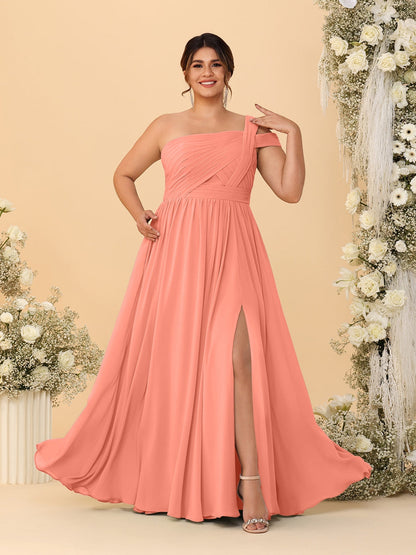 Robes de Demoiselle d'Honneur Grande Taille Ligne A/Princesse à Une Épaule sans Manches Longueur Au Sol Plissées avec Fente Latérale