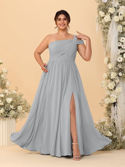 Robes de Demoiselle d'Honneur Grande Taille Ligne A/Princesse à Une Épaule sans Manches Longueur Au Sol Plissées avec Fente Latérale