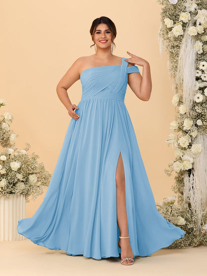 Robes de Demoiselle d'Honneur Grande Taille Ligne A/Princesse à Une Épaule sans Manches Longueur Au Sol Plissées avec Fente Latérale