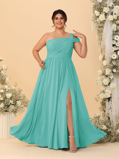 Robes de Demoiselle d'Honneur Grande Taille Ligne A/Princesse à Une Épaule sans Manches Longueur Au Sol Plissées avec Fente Latérale