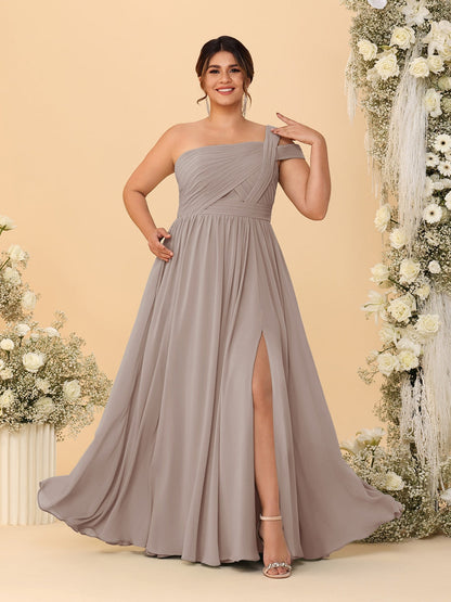 Robes de Demoiselle d'Honneur Grande Taille Ligne A/Princesse à Une Épaule sans Manches Longueur Au Sol Plissées avec Fente Latérale