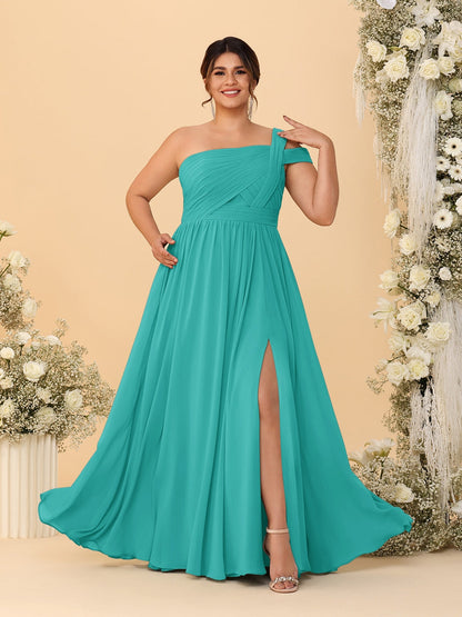 Robes de Demoiselle d'Honneur Grande Taille Ligne A/Princesse à Une Épaule sans Manches Longueur Au Sol Plissées avec Fente Latérale