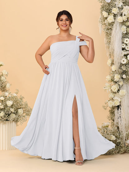 Robes de Demoiselle d'Honneur Grande Taille Ligne A/Princesse à Une Épaule sans Manches Longueur Au Sol Plissées avec Fente Latérale