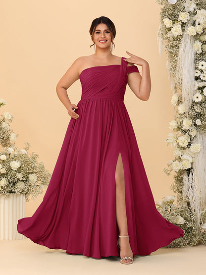 Robes de Demoiselle d'Honneur Grande Taille Ligne A/Princesse à Une Épaule sans Manches Longueur Au Sol Plissées avec Fente Latérale